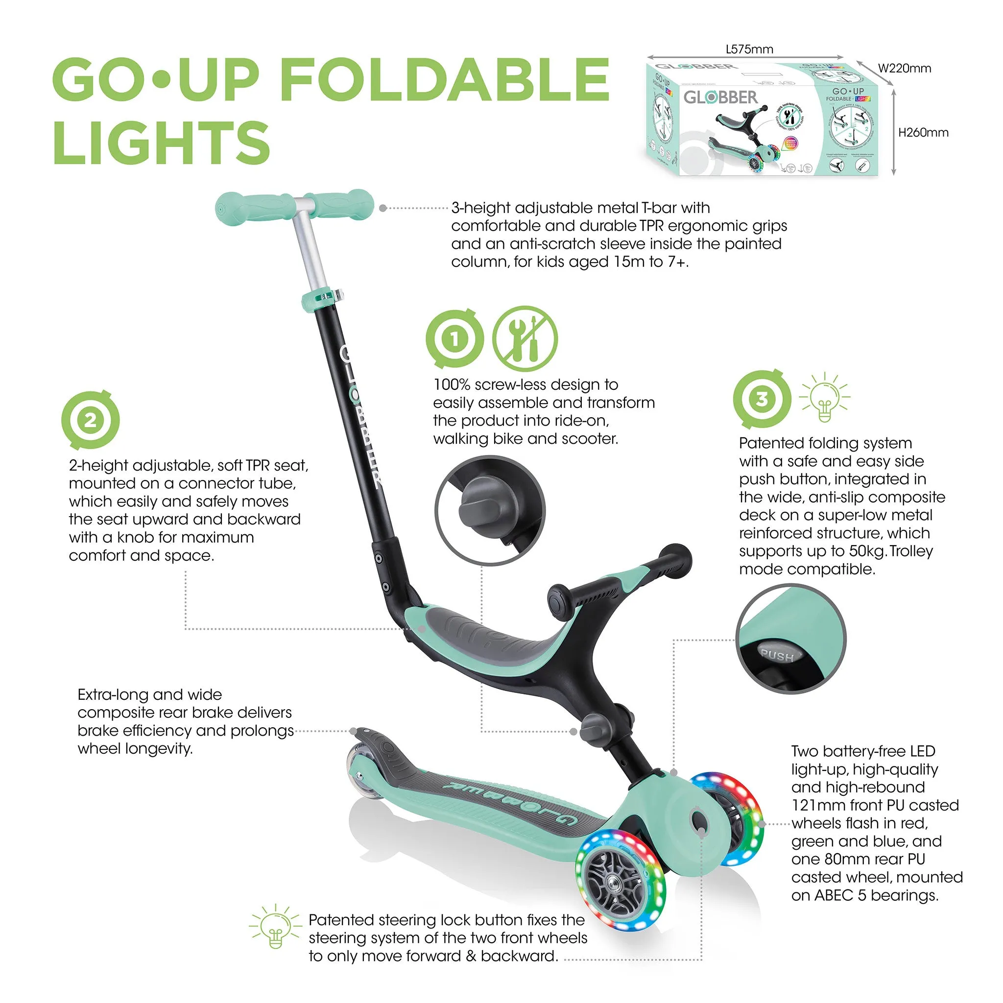 Globber Go Up Foldable Scooter With Lights - Mint