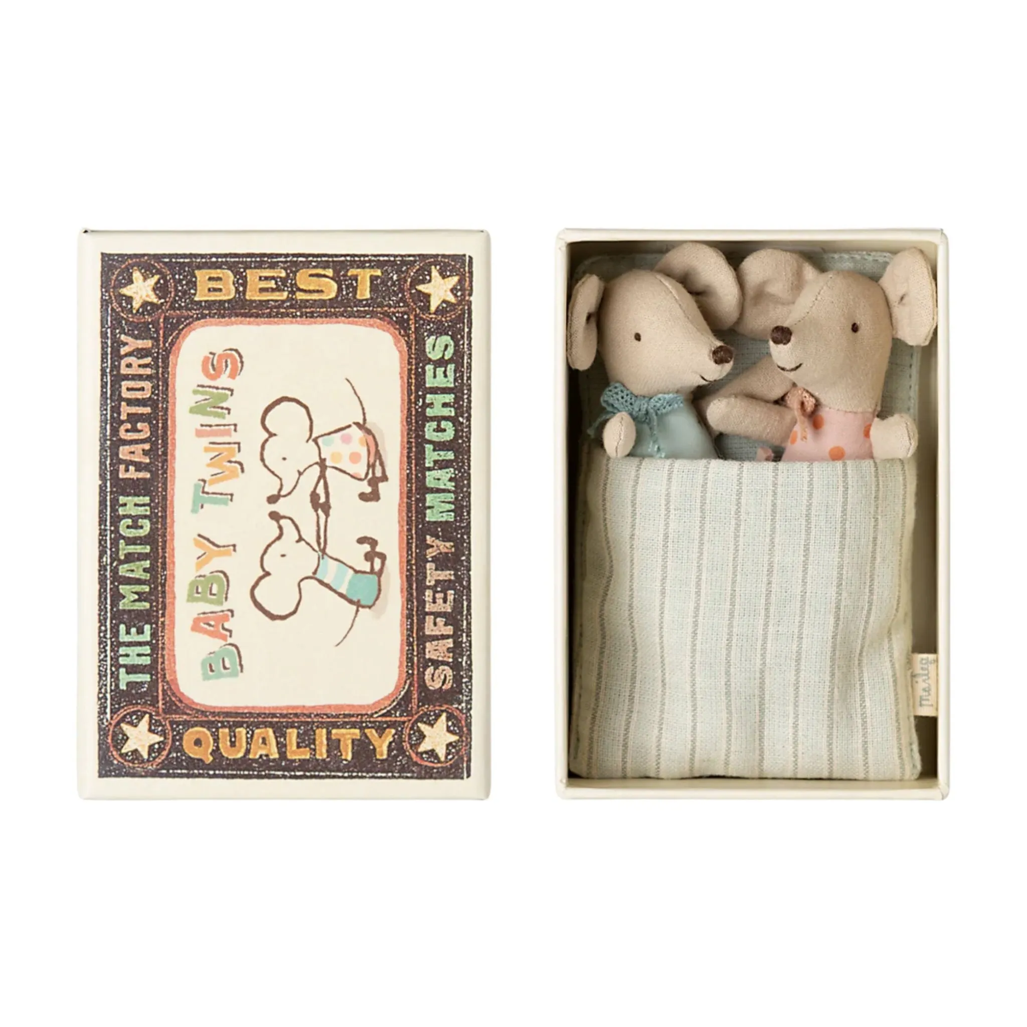 Maileg Baby Mice Twins In A Matchbox - Polka Dot / Stars